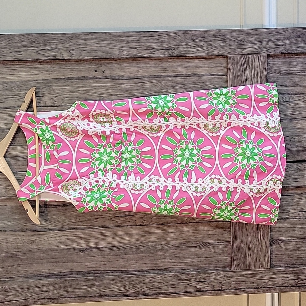 Lilly Pulitzer Jacqueline Gather Round Hibiscus Pink Green Shift Dress Size 6